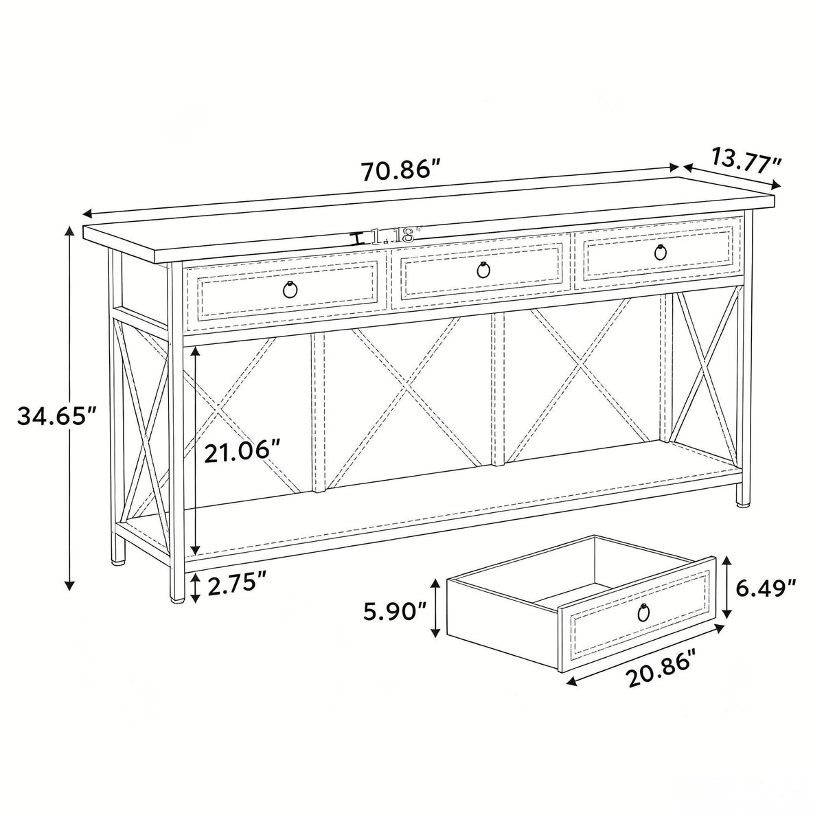 Farmhouse Console Table with Drawers and Open Shelf