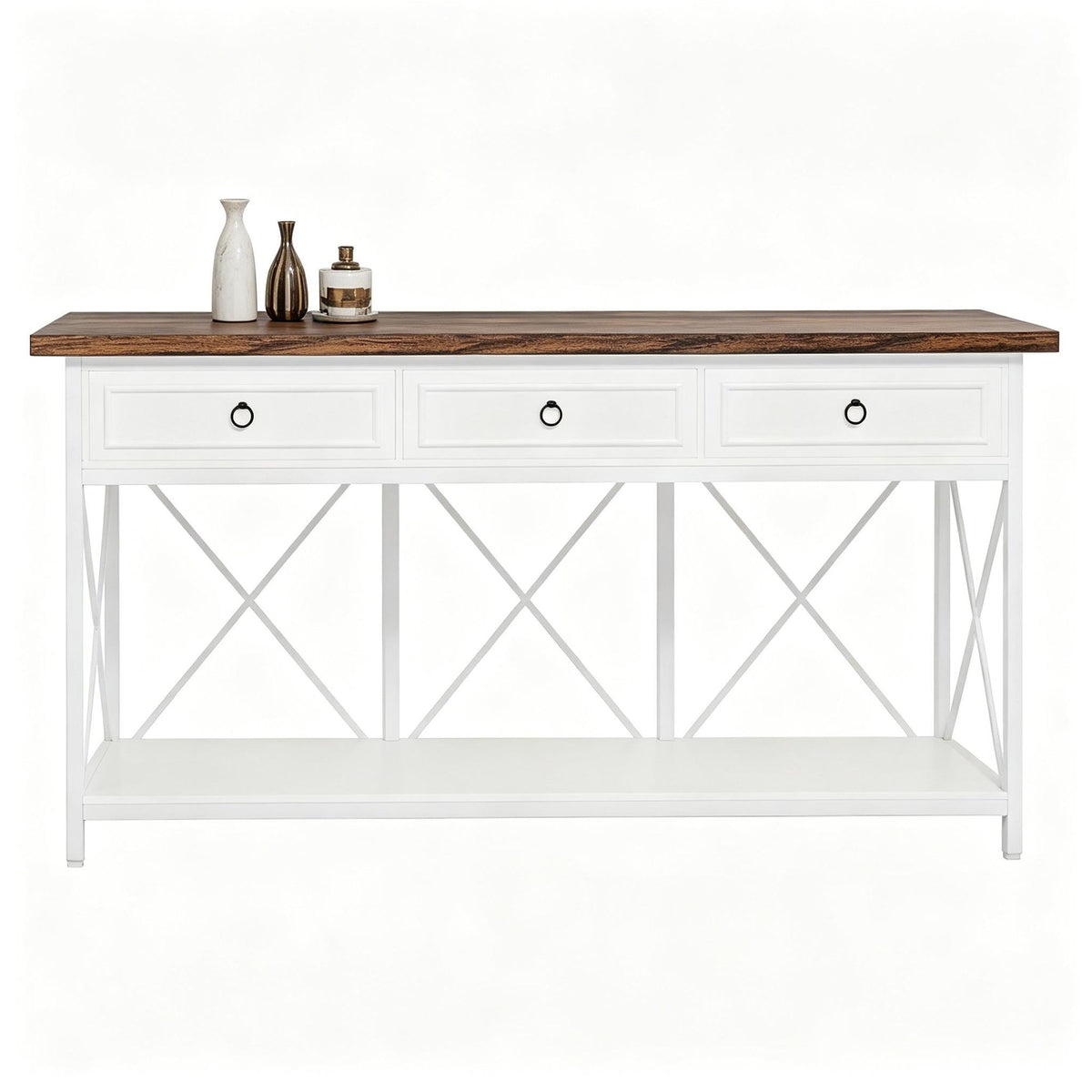 Farmhouse Console Table with Drawers and Open Shelf