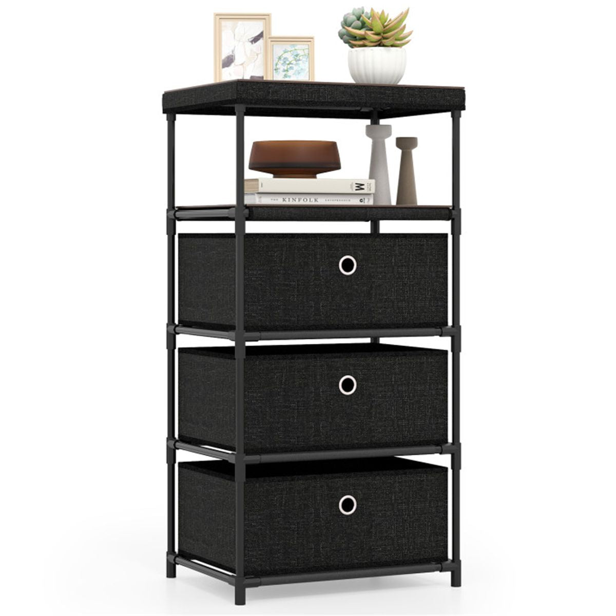 3-Drawer Fabric Storage Cabinet - Removable Foldable Drawers, Industrial Wood Top, Metal Frame with