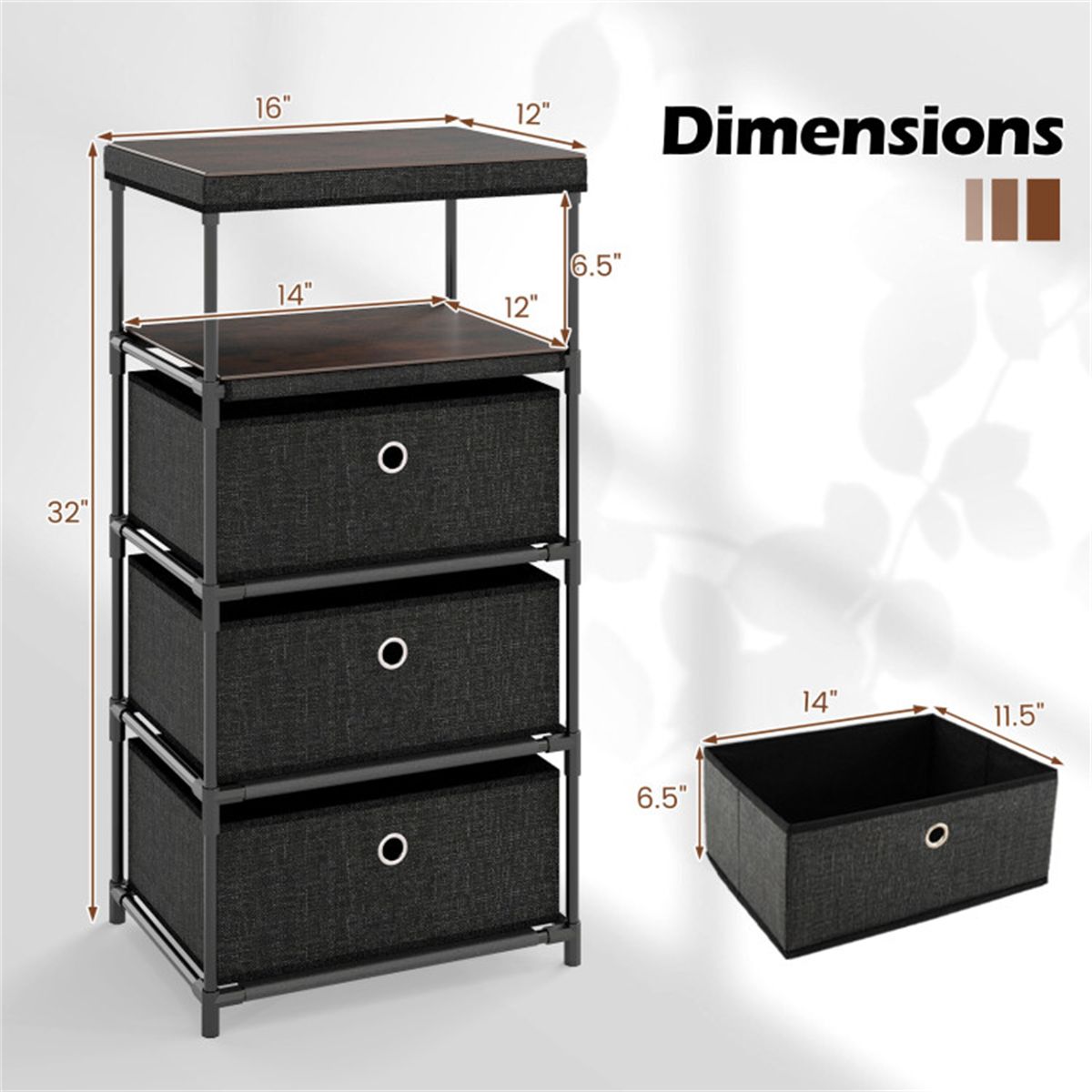 3-Drawer Fabric Storage Cabinet - Removable Foldable Drawers, Industrial Wood Top, Metal Frame with