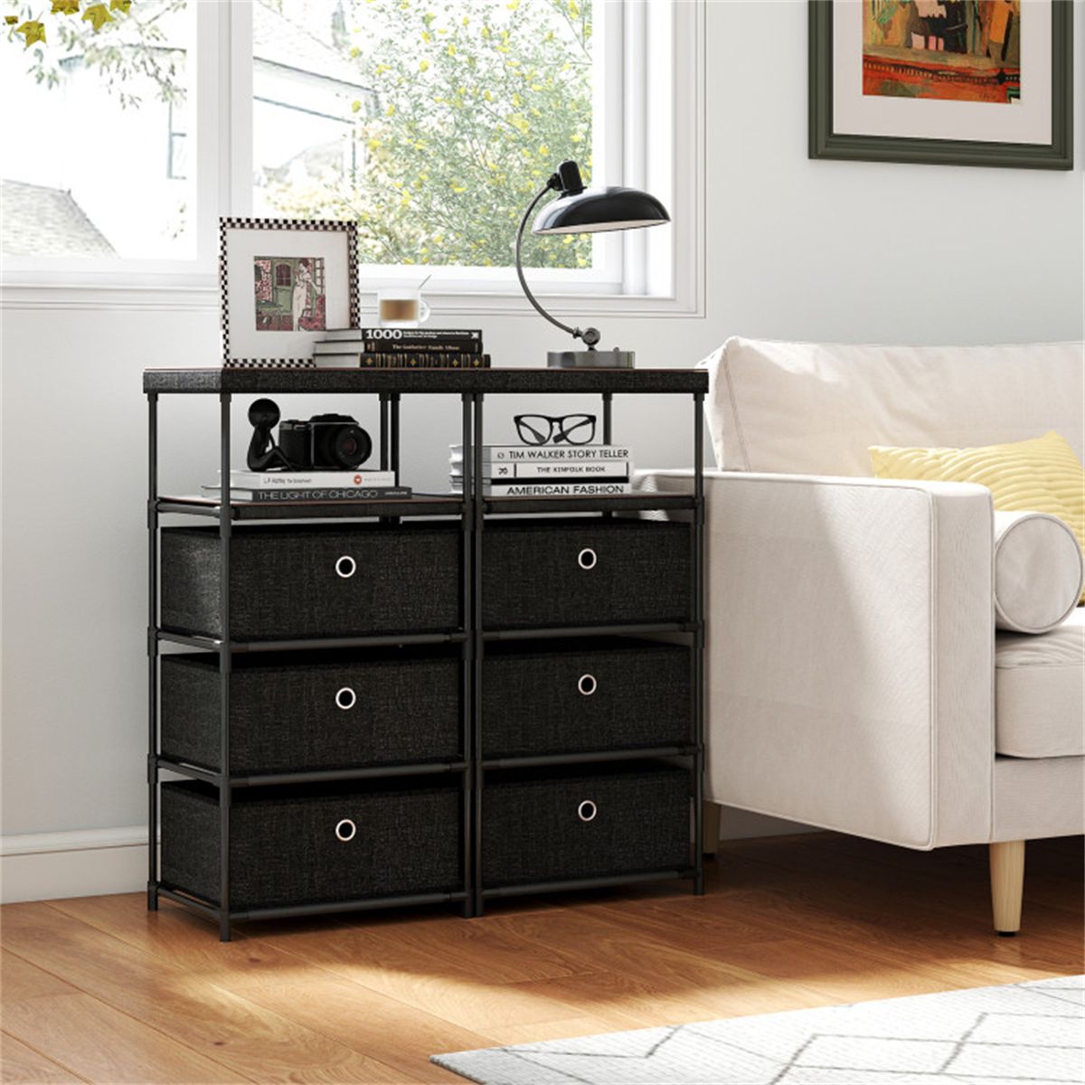 3-Drawer Fabric Storage Cabinet - Removable Foldable Drawers, Industrial Wood Top, Metal Frame with