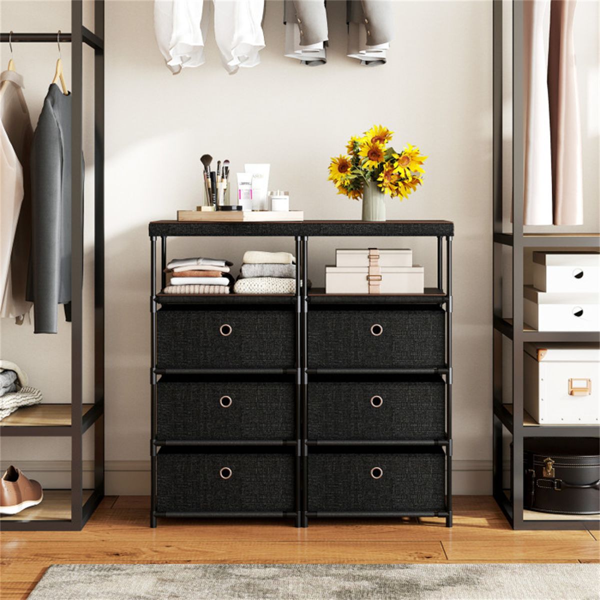 3-Drawer Fabric Storage Cabinet - Removable Foldable Drawers, Industrial Wood Top, Metal Frame with