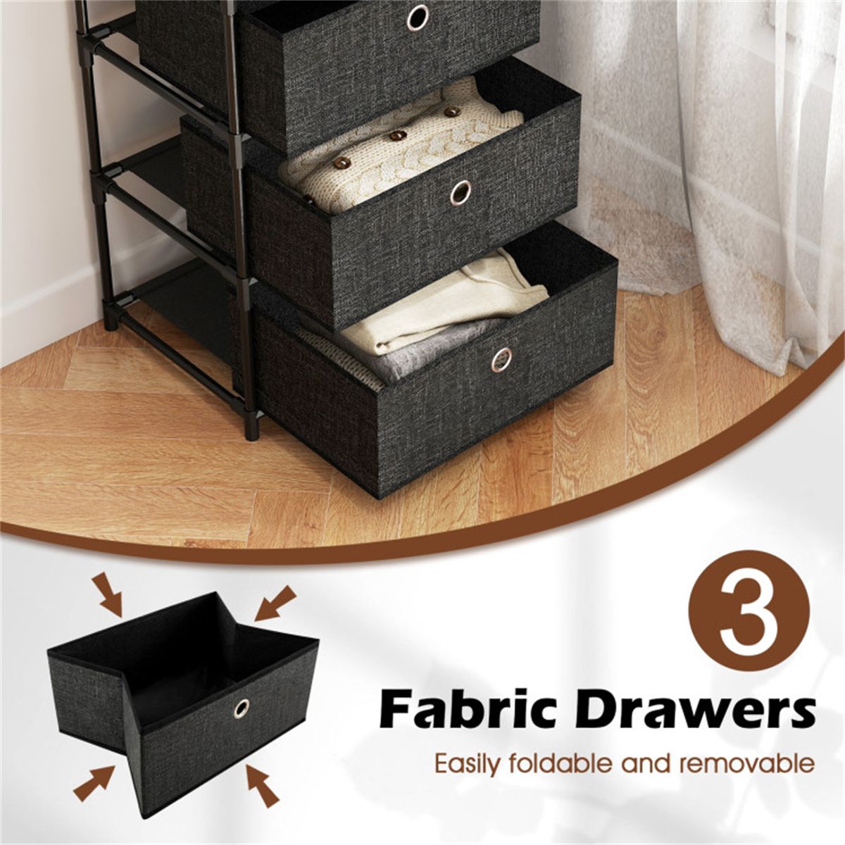 3-Drawer Fabric Storage Cabinet - Removable Foldable Drawers, Industrial Wood Top, Metal Frame with