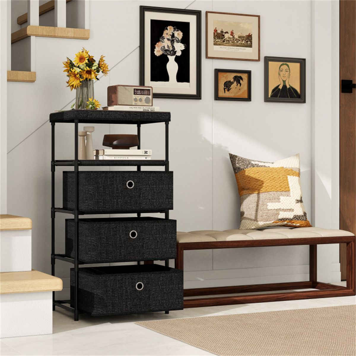 3-Drawer Fabric Storage Cabinet - Removable Foldable Drawers, Industrial Wood Top, Metal Frame with