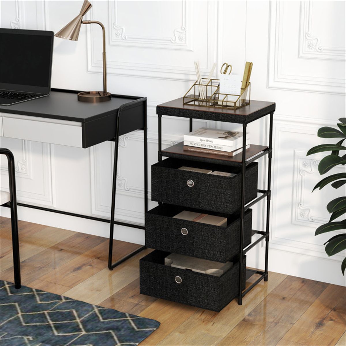3-Drawer Fabric Storage Cabinet - Removable Foldable Drawers, Industrial Wood Top, Metal Frame with