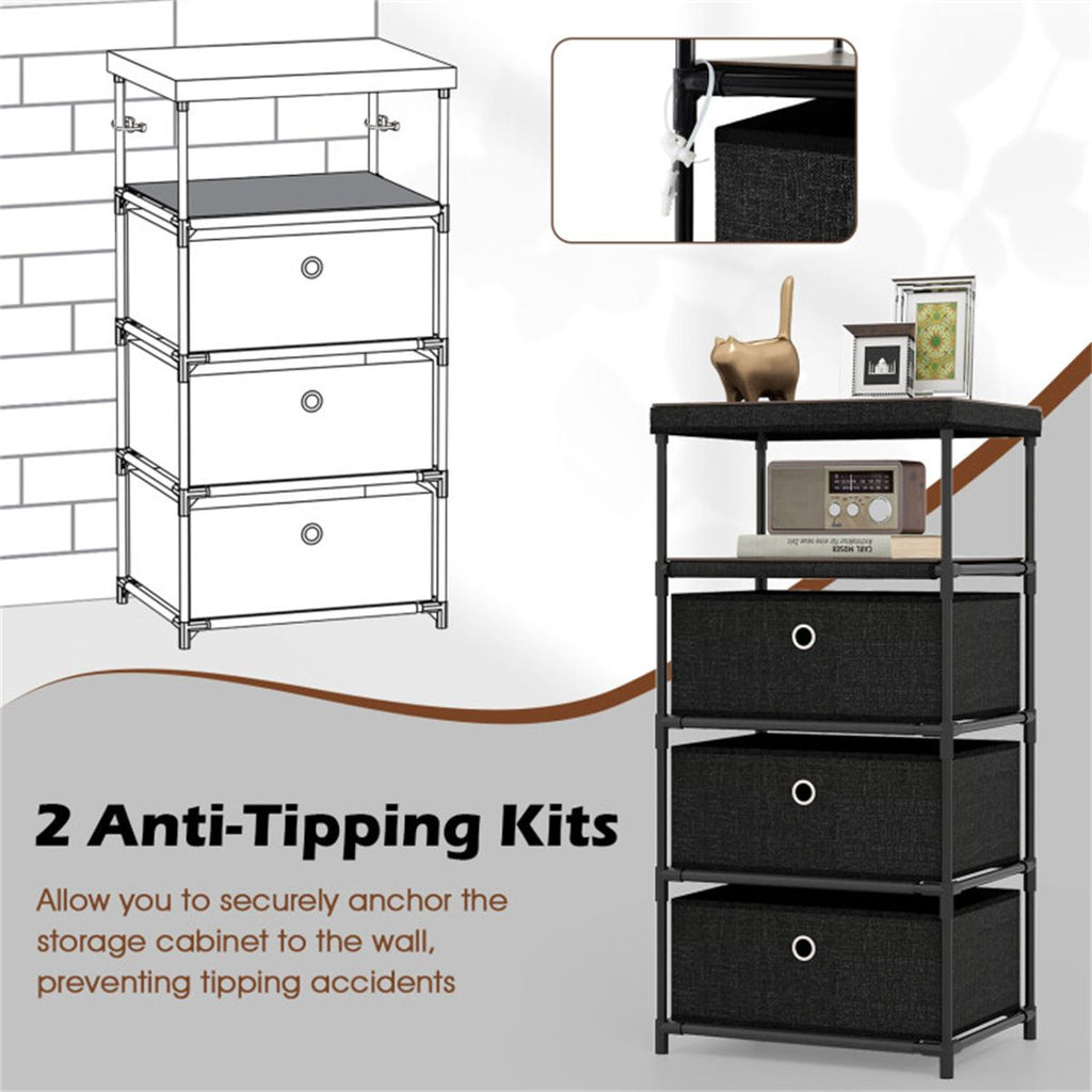 3-Drawer Fabric Storage Cabinet - Removable Foldable Drawers, Industrial Wood Top, Metal Frame with