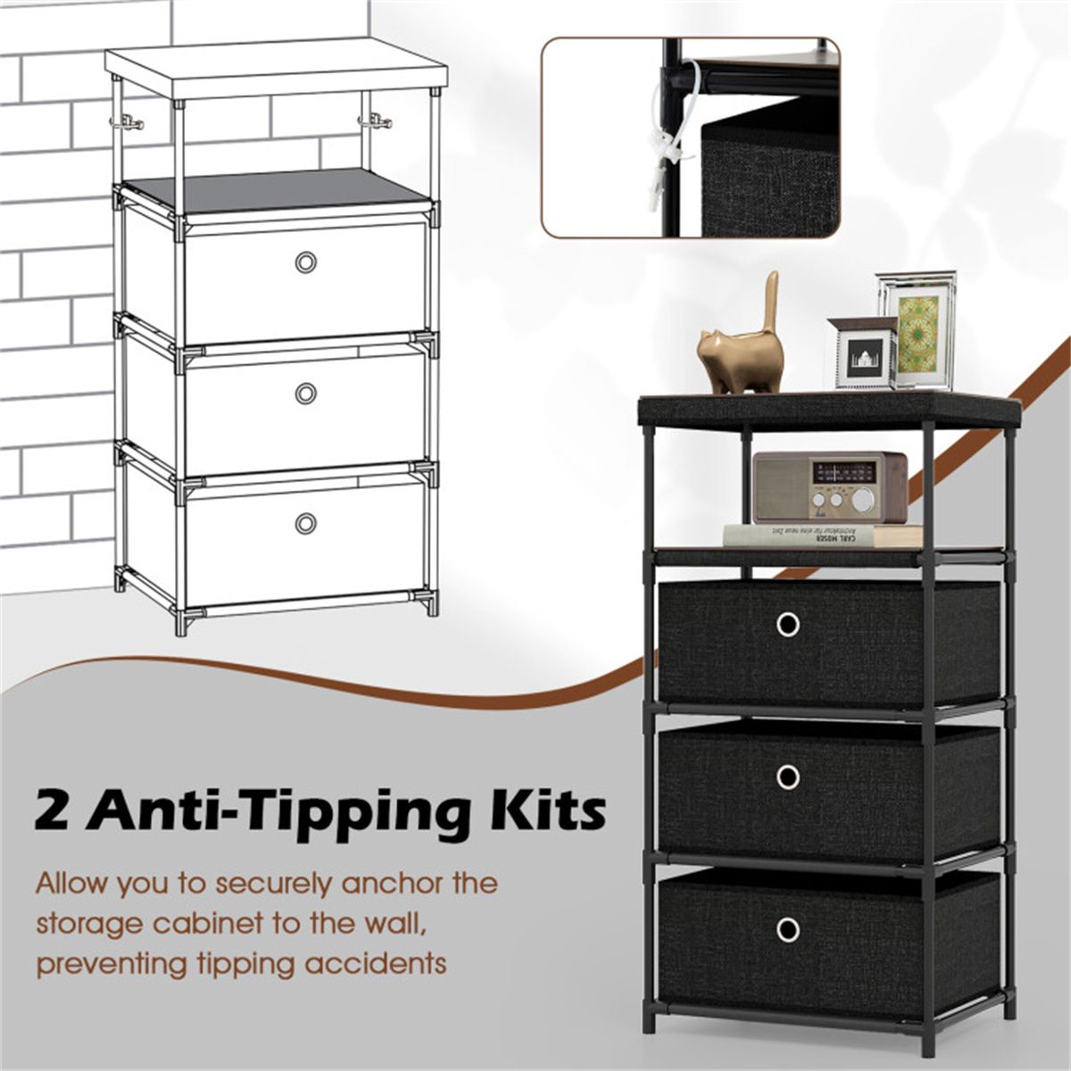 3-Drawer Fabric Storage Cabinet - Removable Foldable Drawers, Industrial Wood Top, Metal Frame with