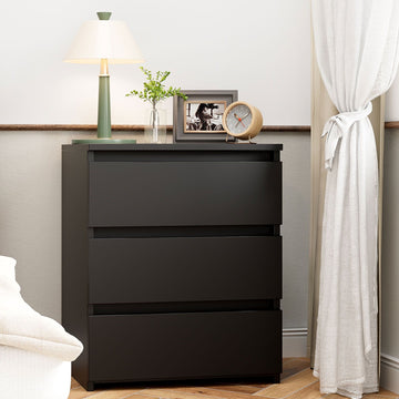 Compact Black Nightstand with Three Drawers