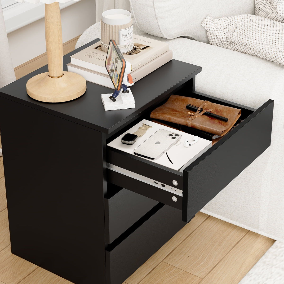 Compact Black Nightstand with Three Drawers