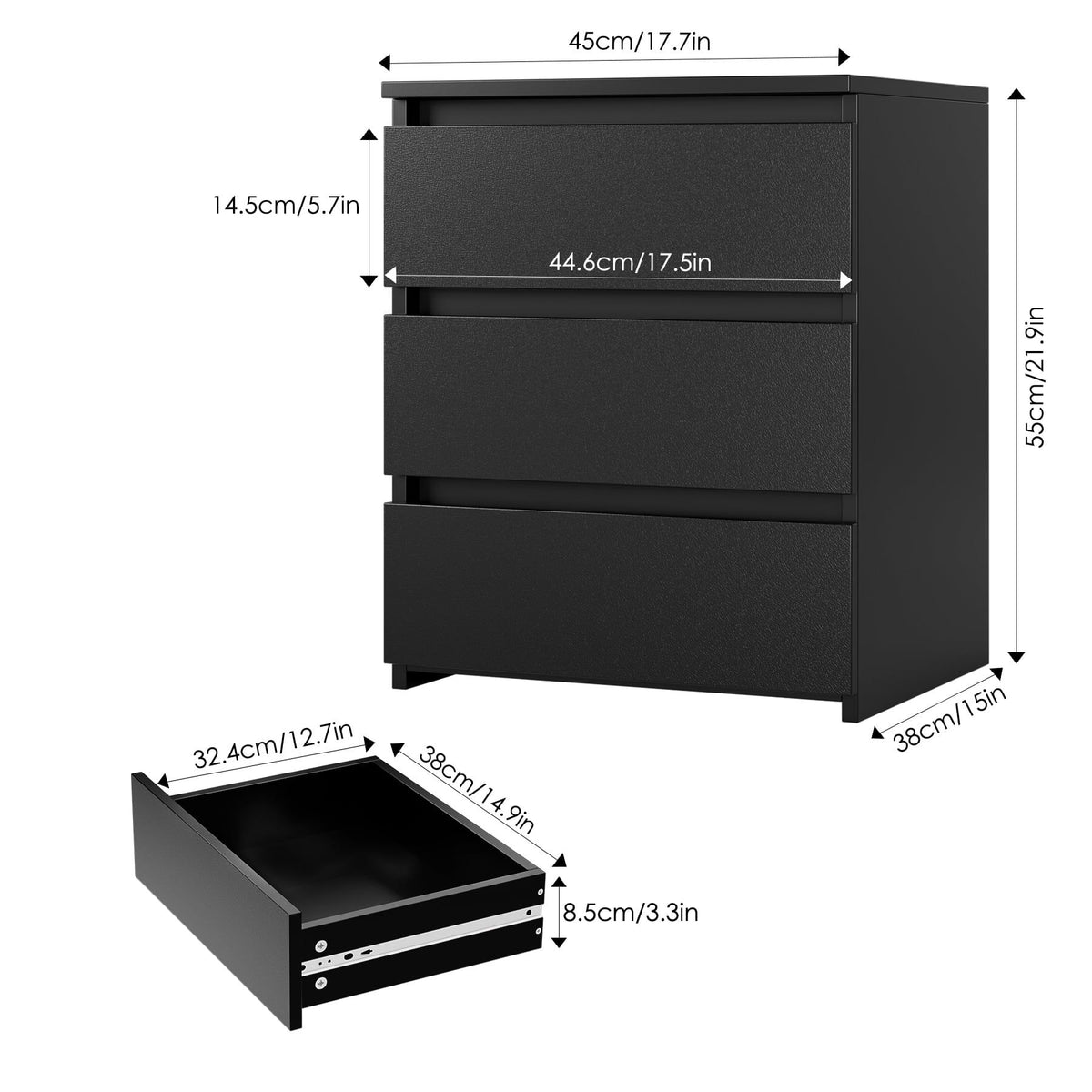 Compact Black Nightstand with Three Drawers