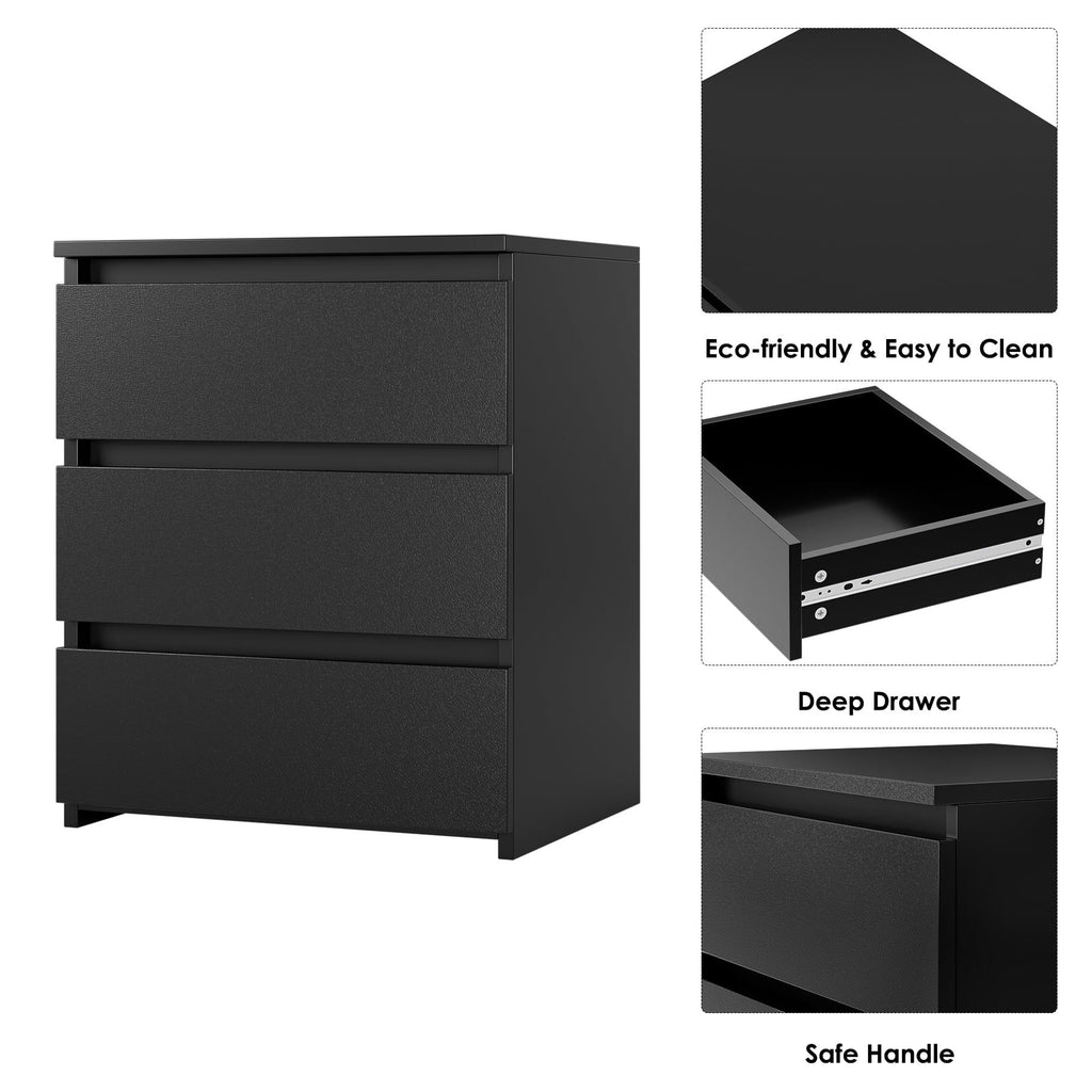 Compact Black Nightstand with Three Drawers