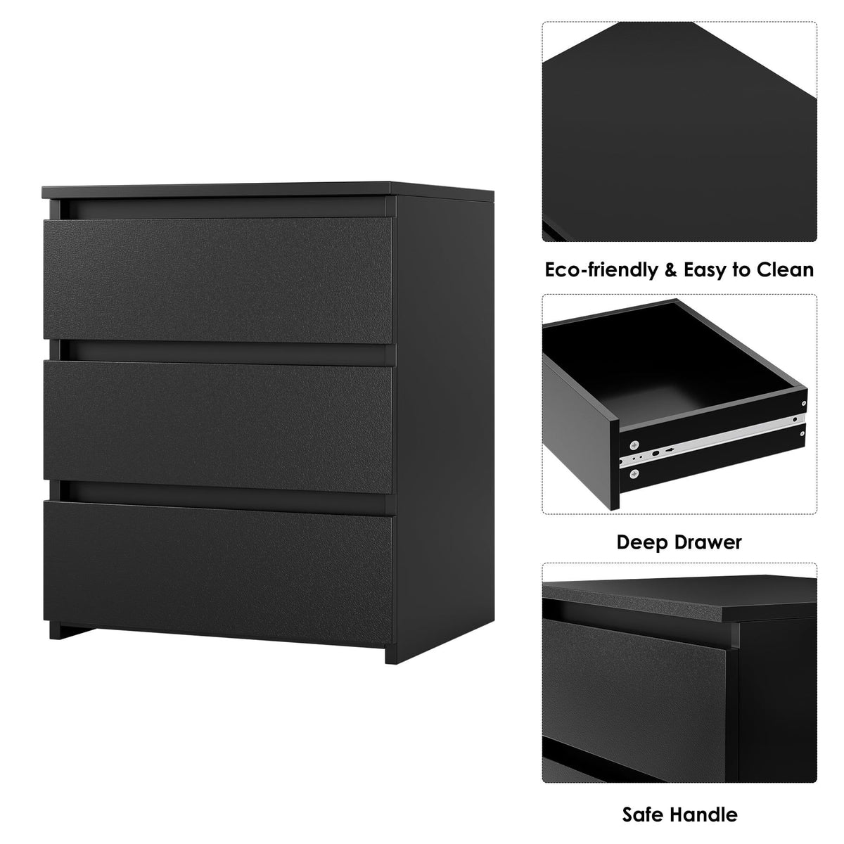 Compact Black Nightstand with Three Drawers
