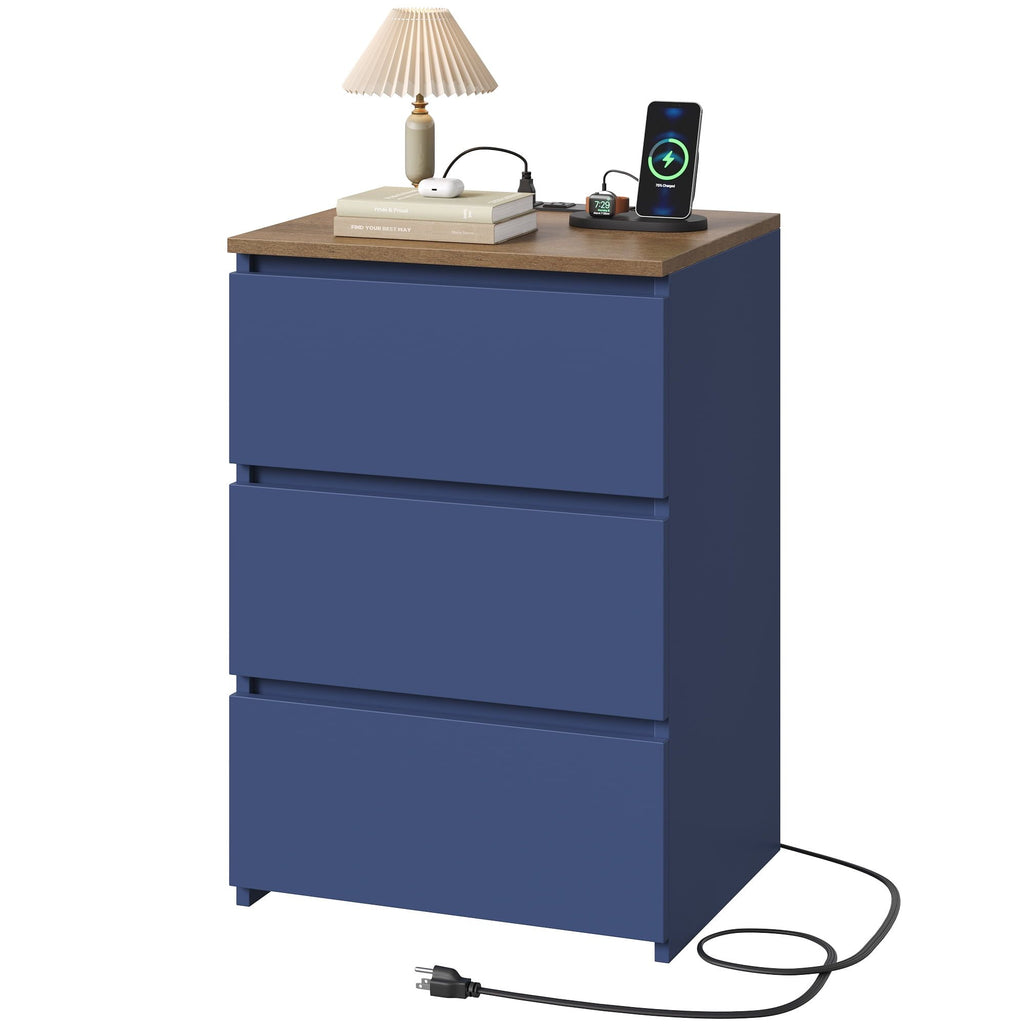 Blue Three-Drawer Nightstand with Built-In Charging