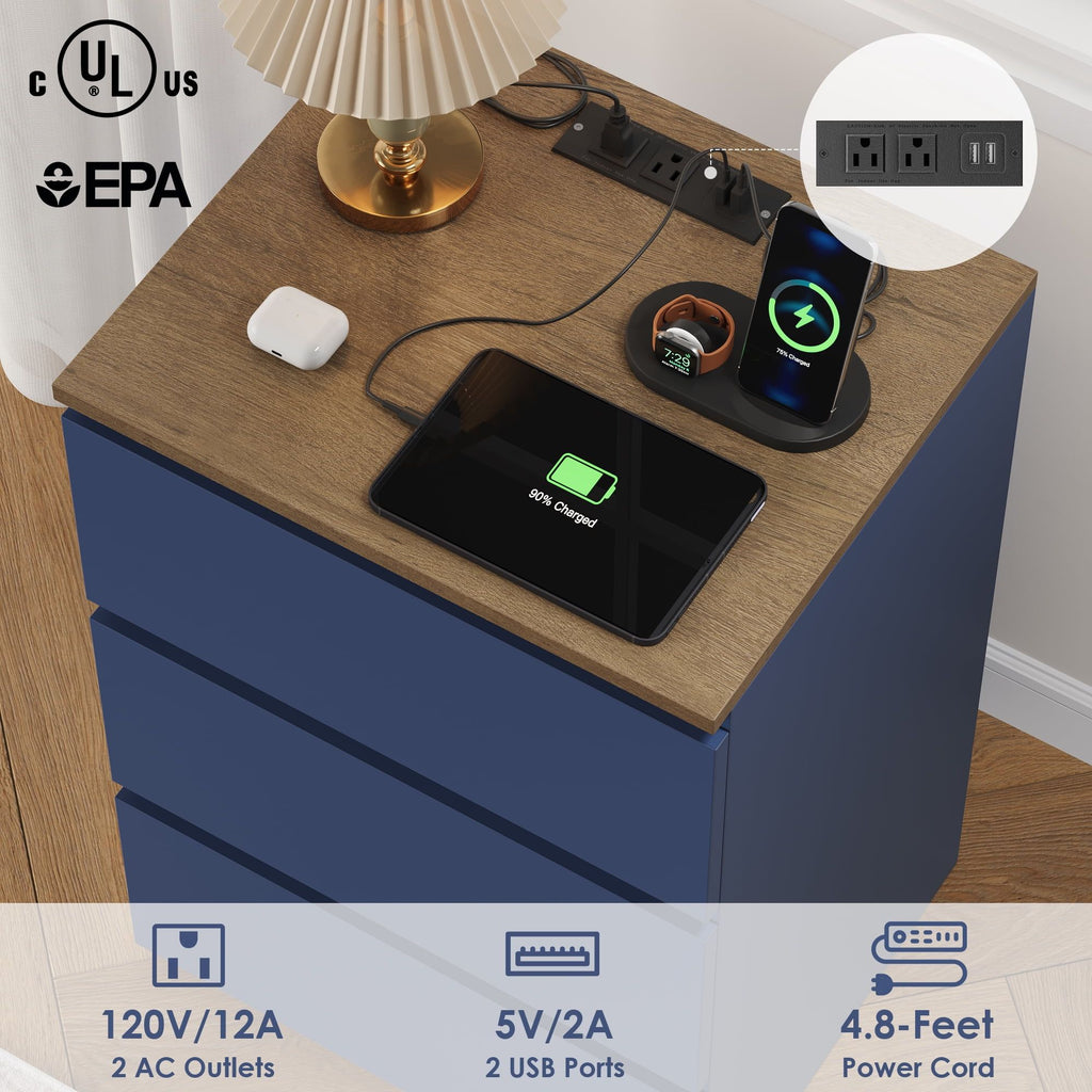 Blue Three-Drawer Nightstand with Built-In Charging