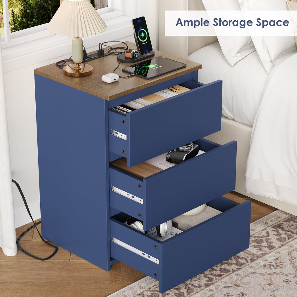 Blue Three-Drawer Nightstand with Built-In Charging