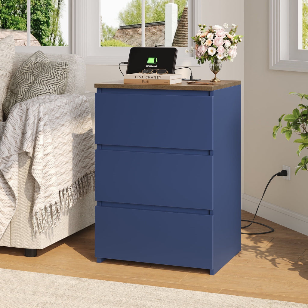 Blue Three-Drawer Nightstand with Built-In Charging