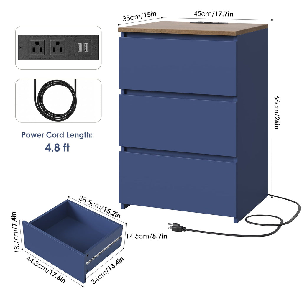 Blue Three-Drawer Nightstand with Built-In Charging