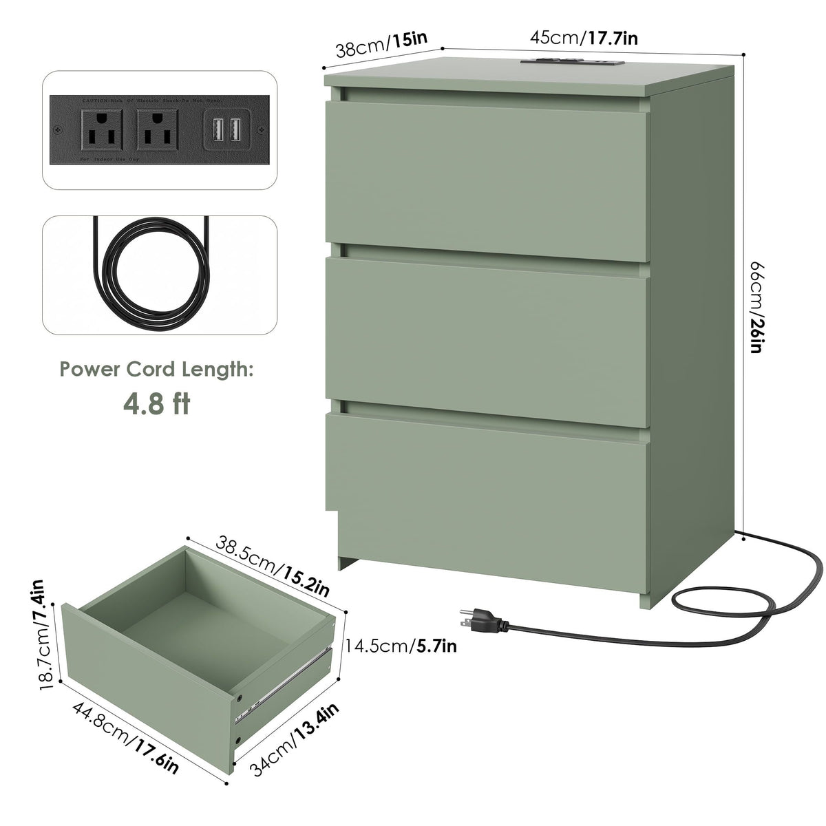 Green Three-Drawer Nightstand with Charging Station