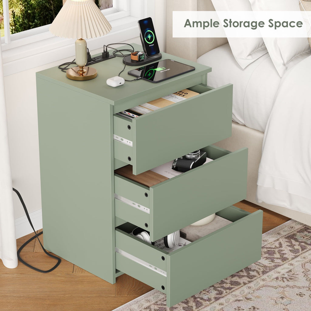 Green Three-Drawer Nightstand with Charging Station
