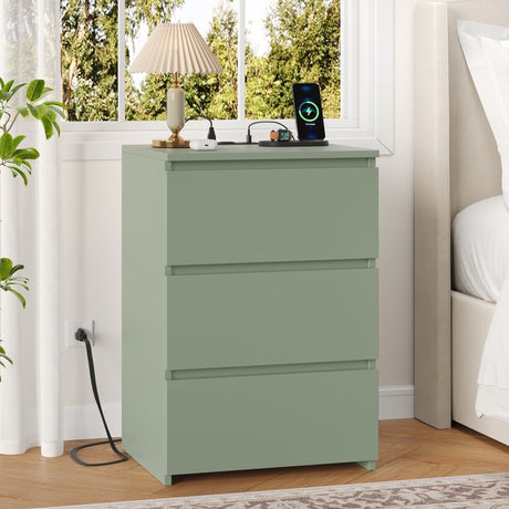 Green Three-Drawer Nightstand with Charging Station