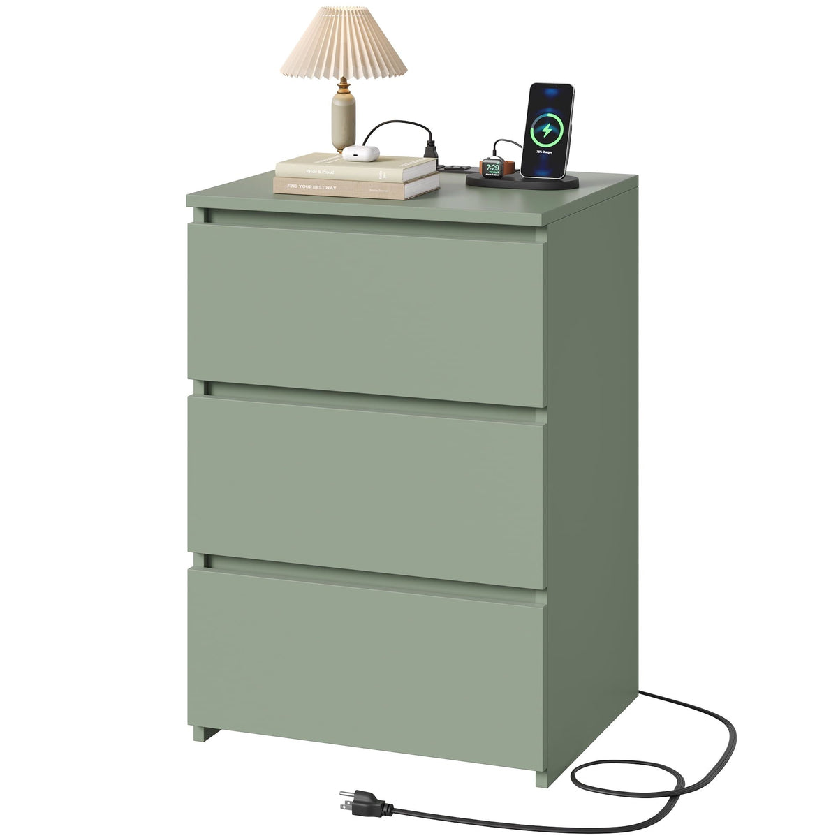 Green Three-Drawer Nightstand with Charging Station