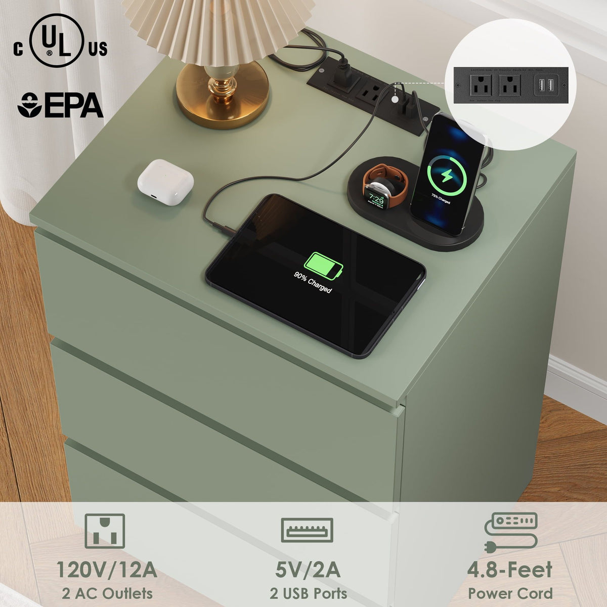 Green Three-Drawer Nightstand with Charging Station