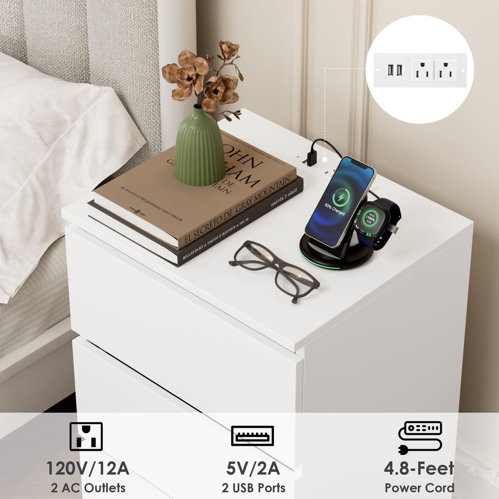 White Drawer Nightstand with Built-In Charging Station