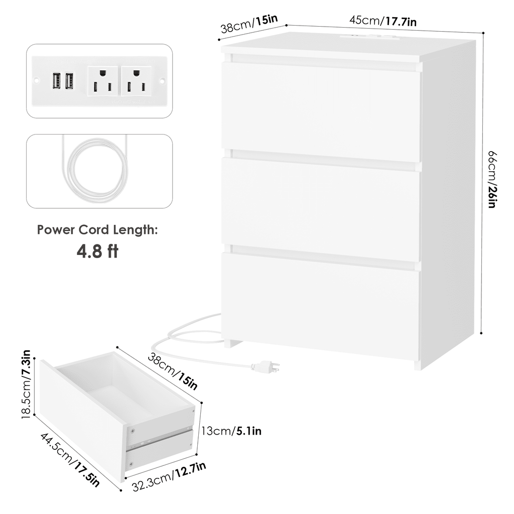 White Drawer Nightstand with Built-In Charging Station