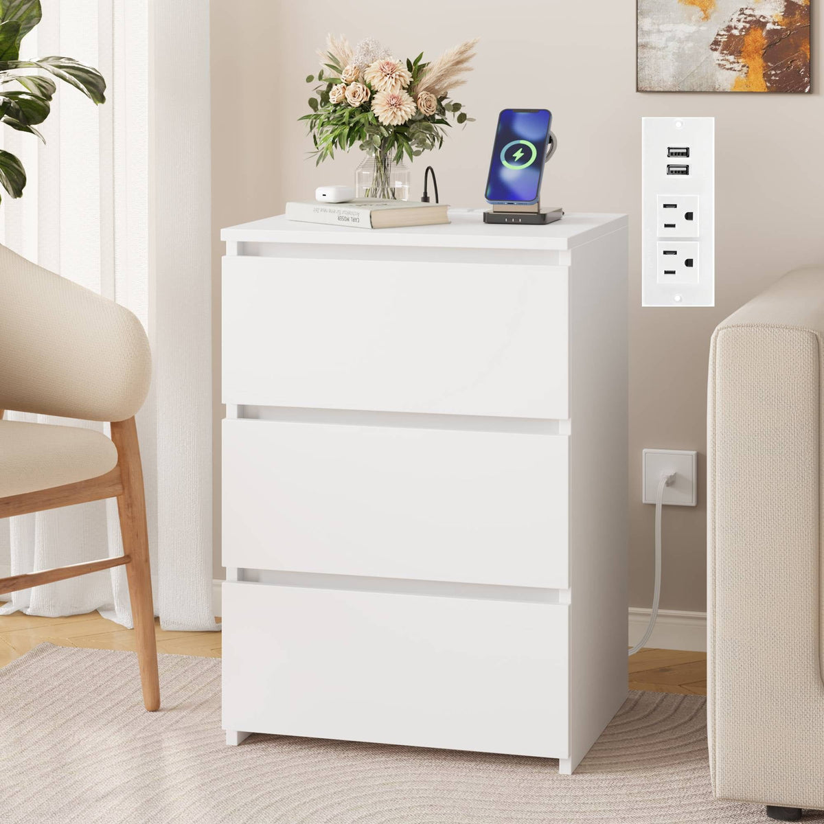 White Drawer Nightstand with Built-In Charging Station