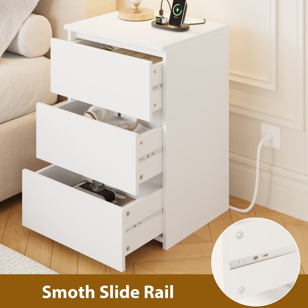 White Drawer Nightstand with Built-In Charging Station