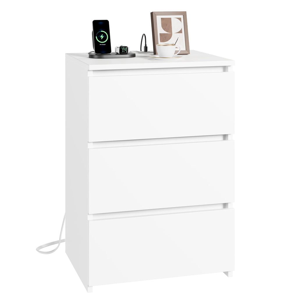 White Drawer Nightstand with Built-In Charging Station