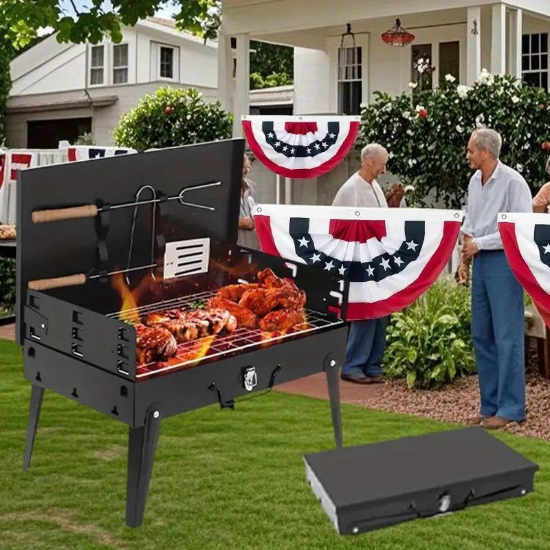 3-Height Adjustable Portable Charcoal Grill – Wind-Resistant Toolbox Design for Camping & Tailgating