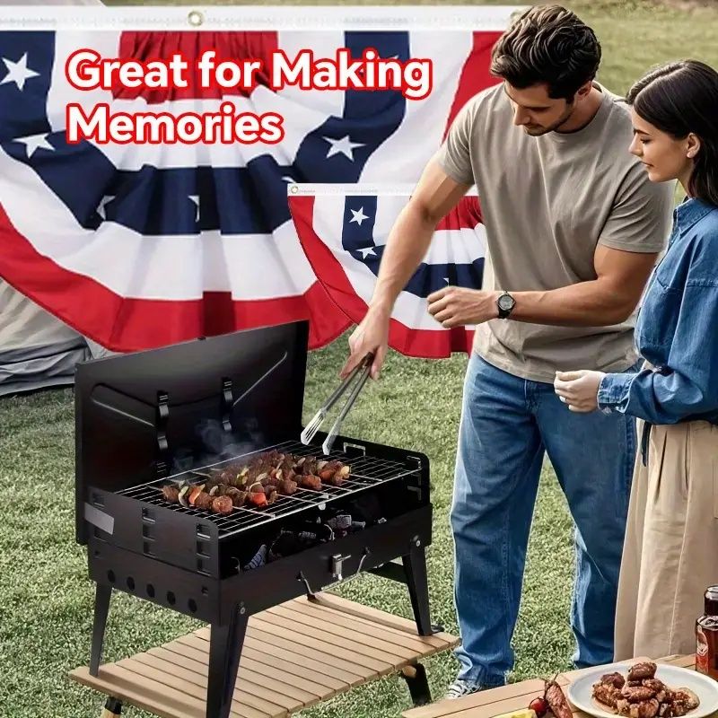 3-Height Adjustable Portable Charcoal Grill – Wind-Resistant Toolbox Design for Camping & Tailgating