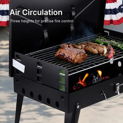 3-Height Adjustable Portable Charcoal Grill – Wind-Resistant Toolbox Design for Camping & Tailgating