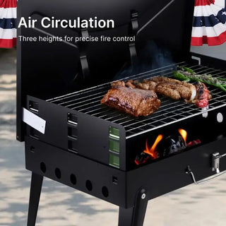 3-Height Adjustable Portable Charcoal Grill – Wind-Resistant Toolbox Design for Camping & Tailgating