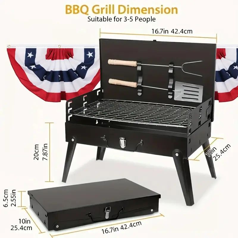 3-Height Adjustable Portable Charcoal Grill – Wind-Resistant Toolbox Design for Camping & Tailgating