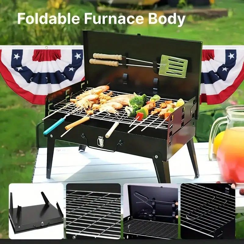 3-Height Adjustable Portable Charcoal Grill – Wind-Resistant Toolbox Design for Camping & Tailgating
