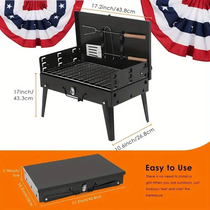 3-Height Adjustable Portable Charcoal Grill – Wind-Resistant Toolbox Design for Camping & Tailgating
