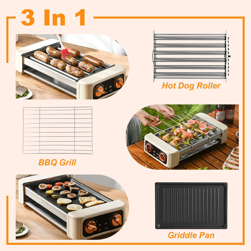 3-in-1 Electric Hot Dog Roller, Grill, and Flat Griddle