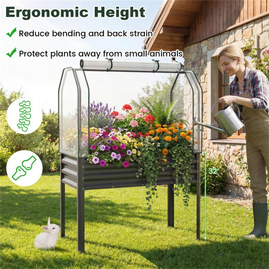 3-in-1 Metal Raised Garden Bed with Mini Greenhouse Cover, Elevated Planter Box - Black