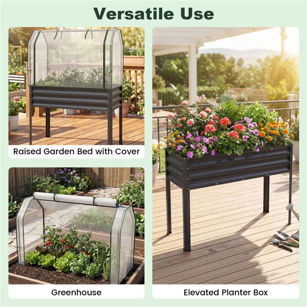 3-in-1 Metal Raised Garden Bed with Mini Greenhouse Cover, Elevated Planter Box - Black