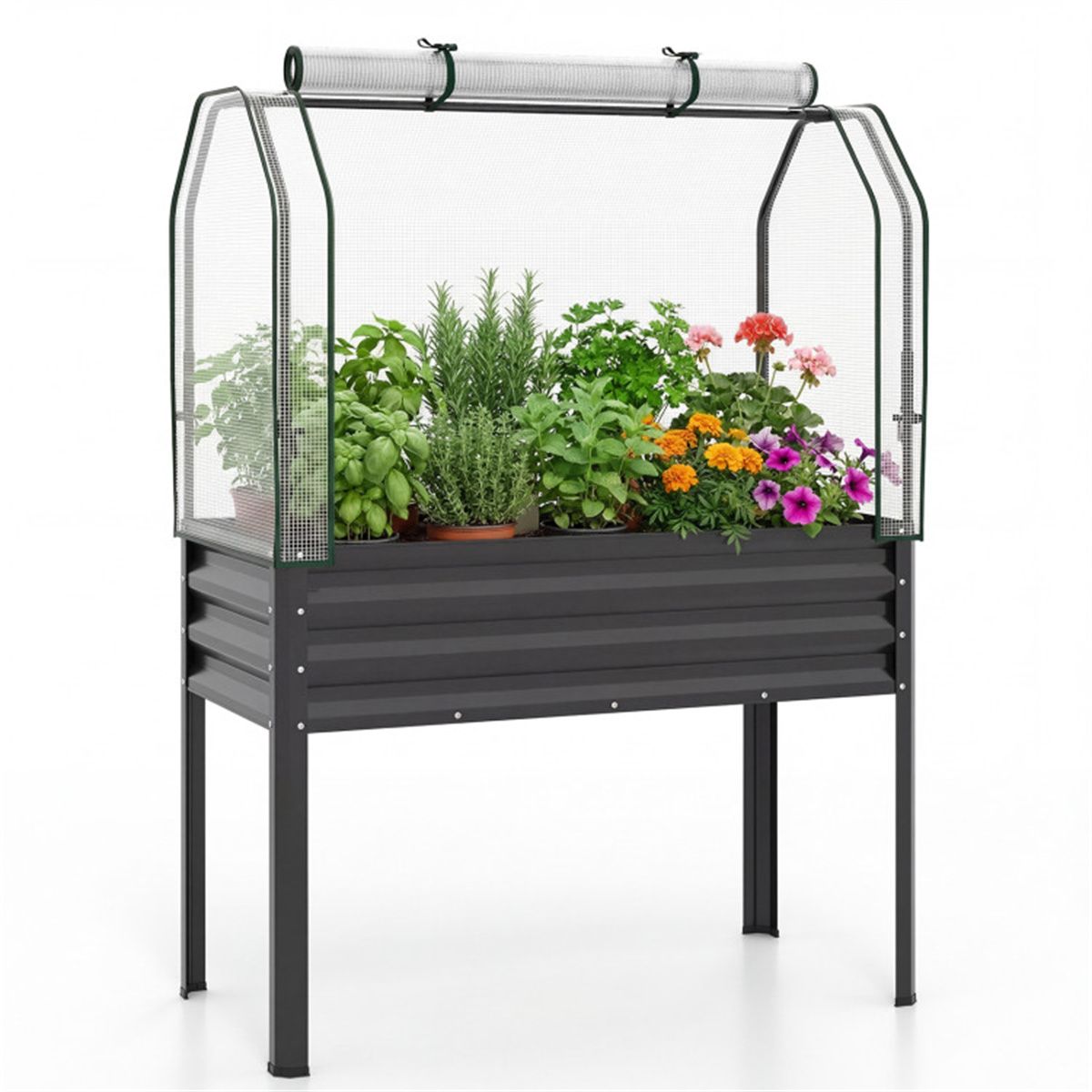 3-in-1 Metal Raised Garden Bed with Mini Greenhouse Cover, Elevated Planter Box - Black