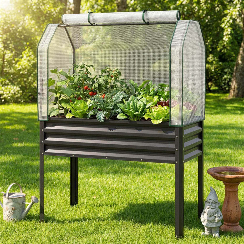 3-in-1 Metal Raised Garden Bed with Mini Greenhouse Cover, Elevated Planter Box - Black