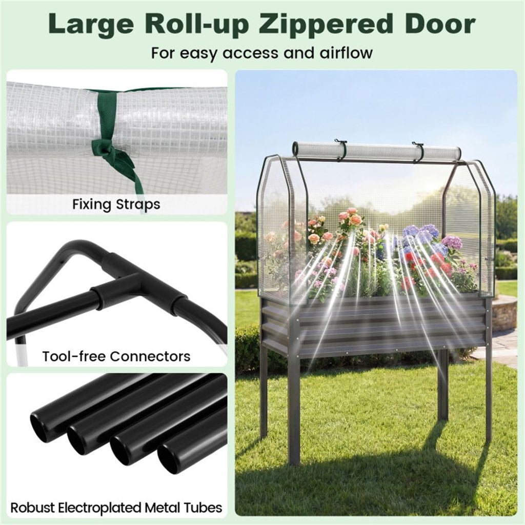 3-in-1 Metal Raised Garden Bed with Mini Greenhouse Cover, Elevated Planter Box - Gray
