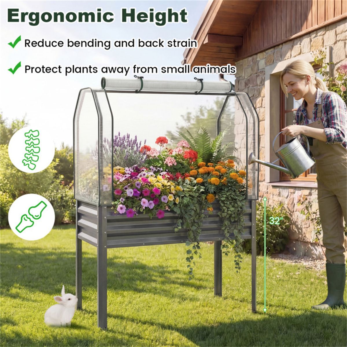 3-in-1 Metal Raised Garden Bed with Mini Greenhouse Cover, Elevated Planter Box - Gray