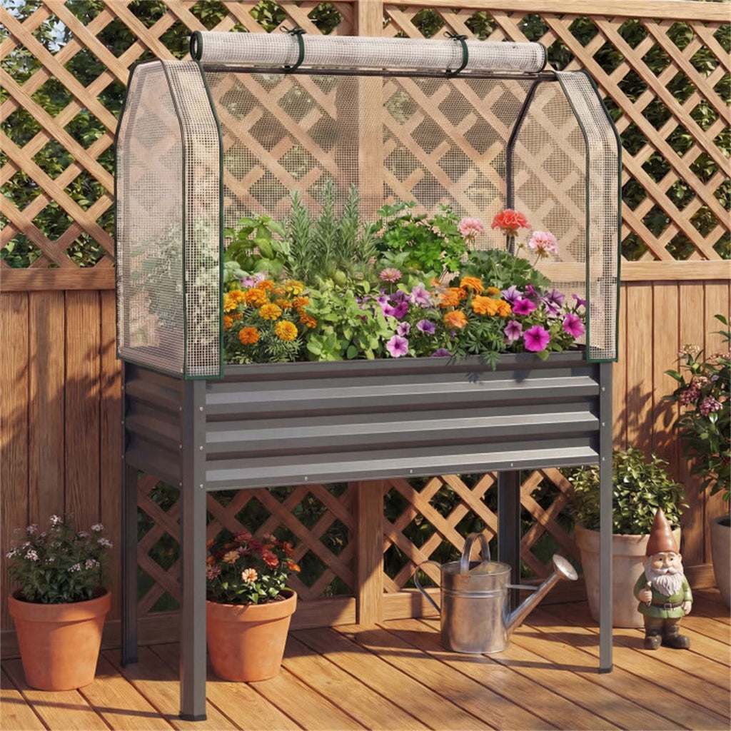 3-in-1 Metal Raised Garden Bed with Mini Greenhouse Cover, Elevated Planter Box - Gray