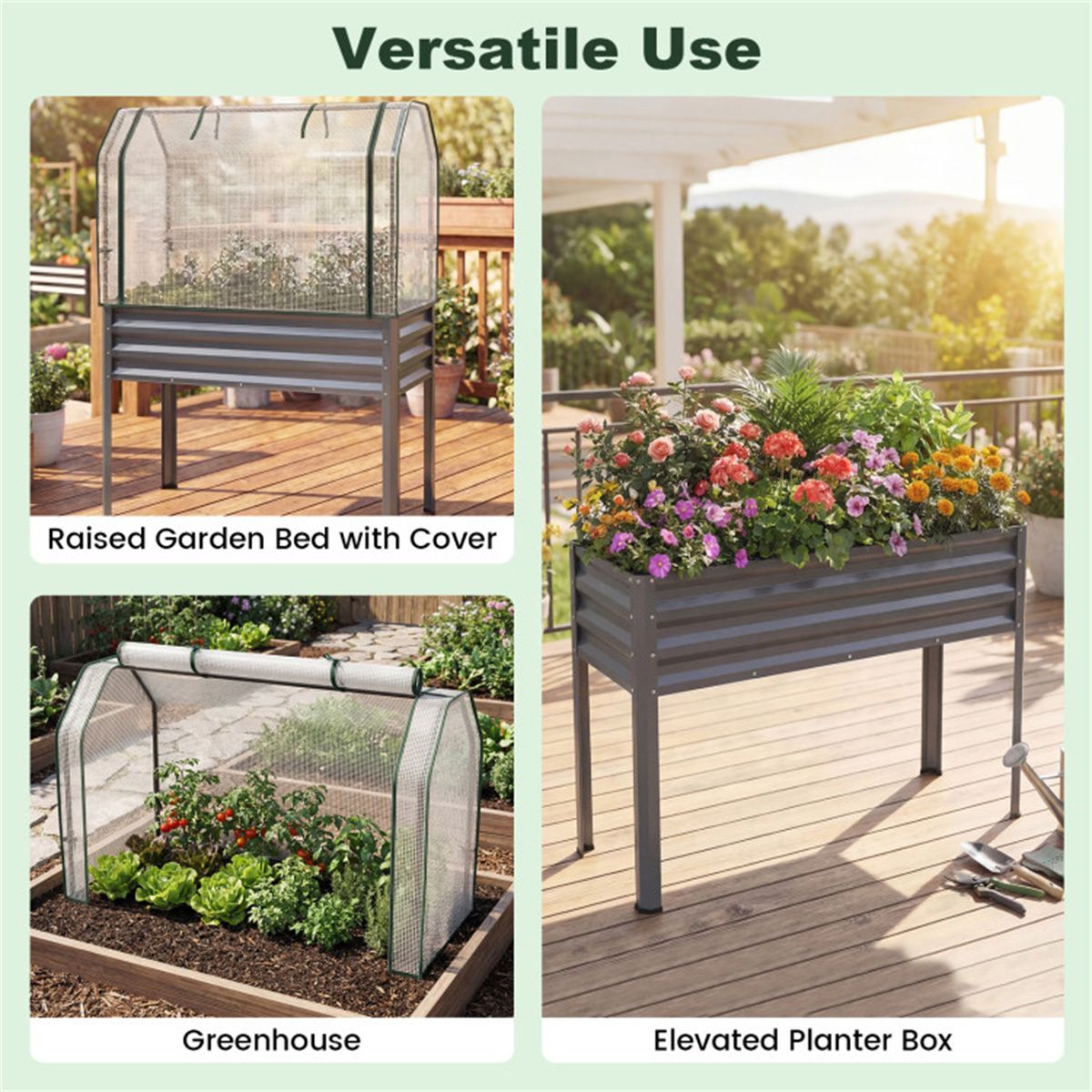 3-in-1 Metal Raised Garden Bed with Mini Greenhouse Cover, Elevated Planter Box - Gray