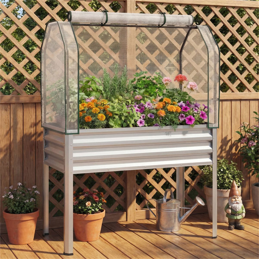 3-in-1 Metal Raised Garden Bed with Mini Greenhouse Cover, Elevated Planter Box - Gray