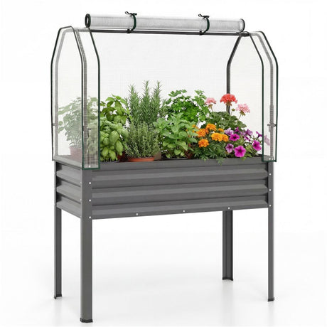 3-in-1 Metal Raised Garden Bed with Mini Greenhouse Cover, Elevated Planter Box - Gray