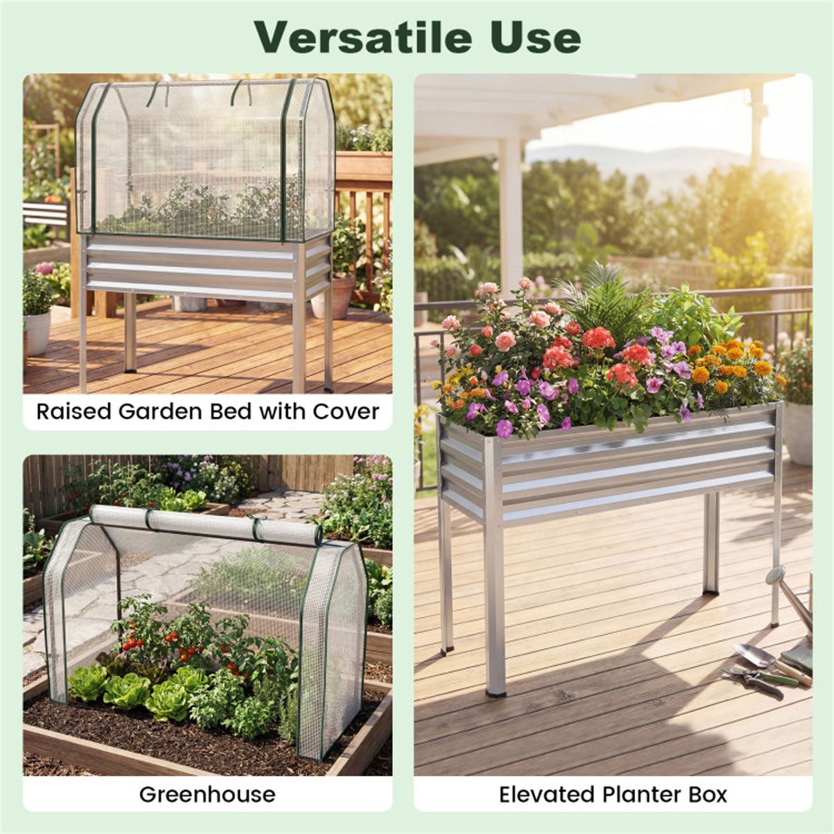 3-in-1 Metal Raised Garden Bed with Mini Greenhouse Cover, Elevated Planter Box - Silver